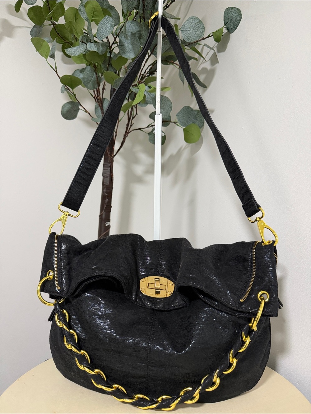 Armani Exchange Black Shoulder Bag with Gold Hardware